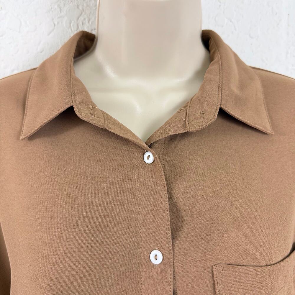 Beautife Tan Short Sleeve Button Front Blouse - Picture 9 of 16